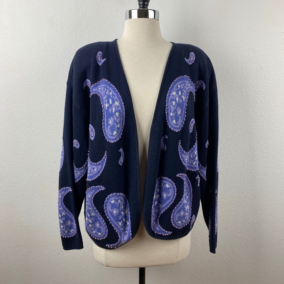 Vintage 80s Knit Cardigan Large Open Pappagallo Dark Blue Purple Beaded Paisley - Picture 1 of 9